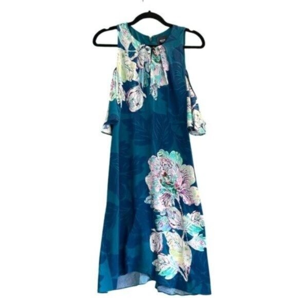 Anthropologie Maeve Elia Flutter Sleeve Cold Shoulder Green Floral Dress Size 6 - Picture 6 of 8